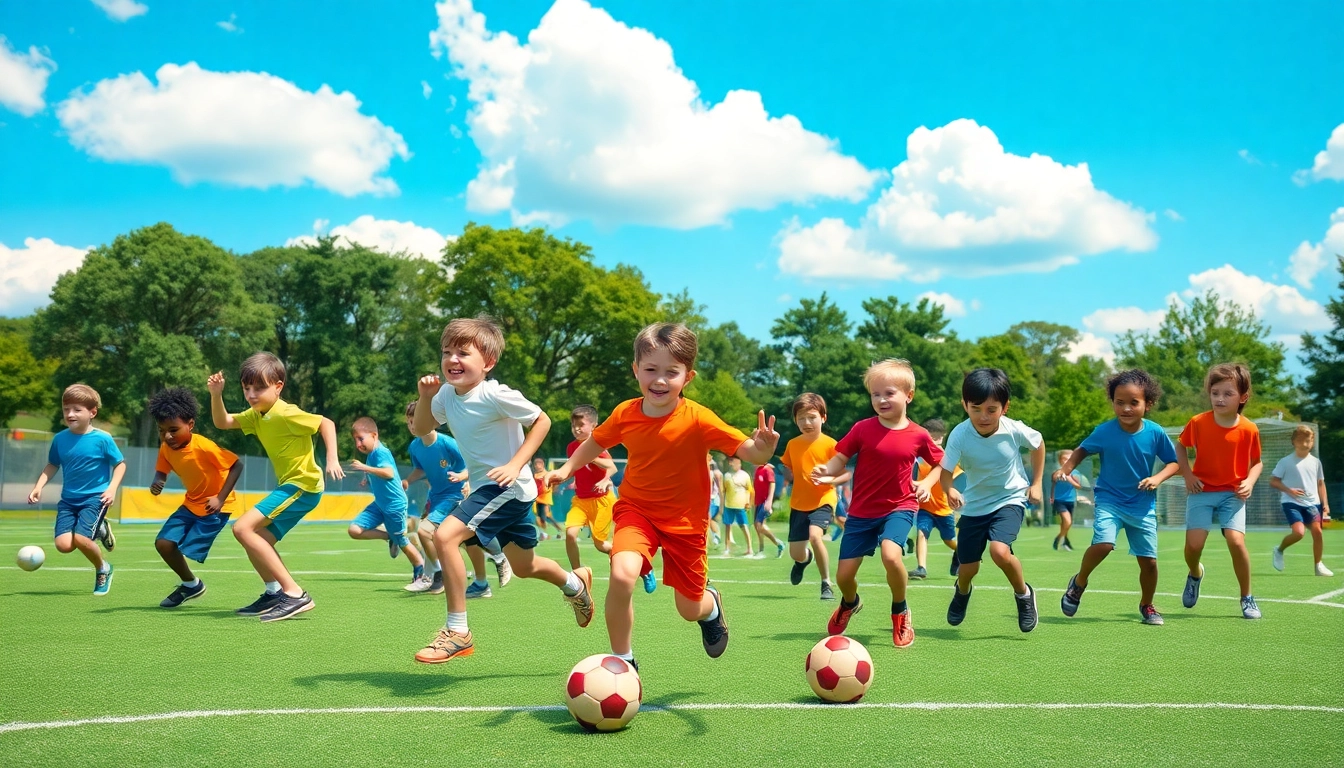 Action-packed scene of boys enjoying Multi Sports Camps for Boys with soccer, basketball, and gymnastics.