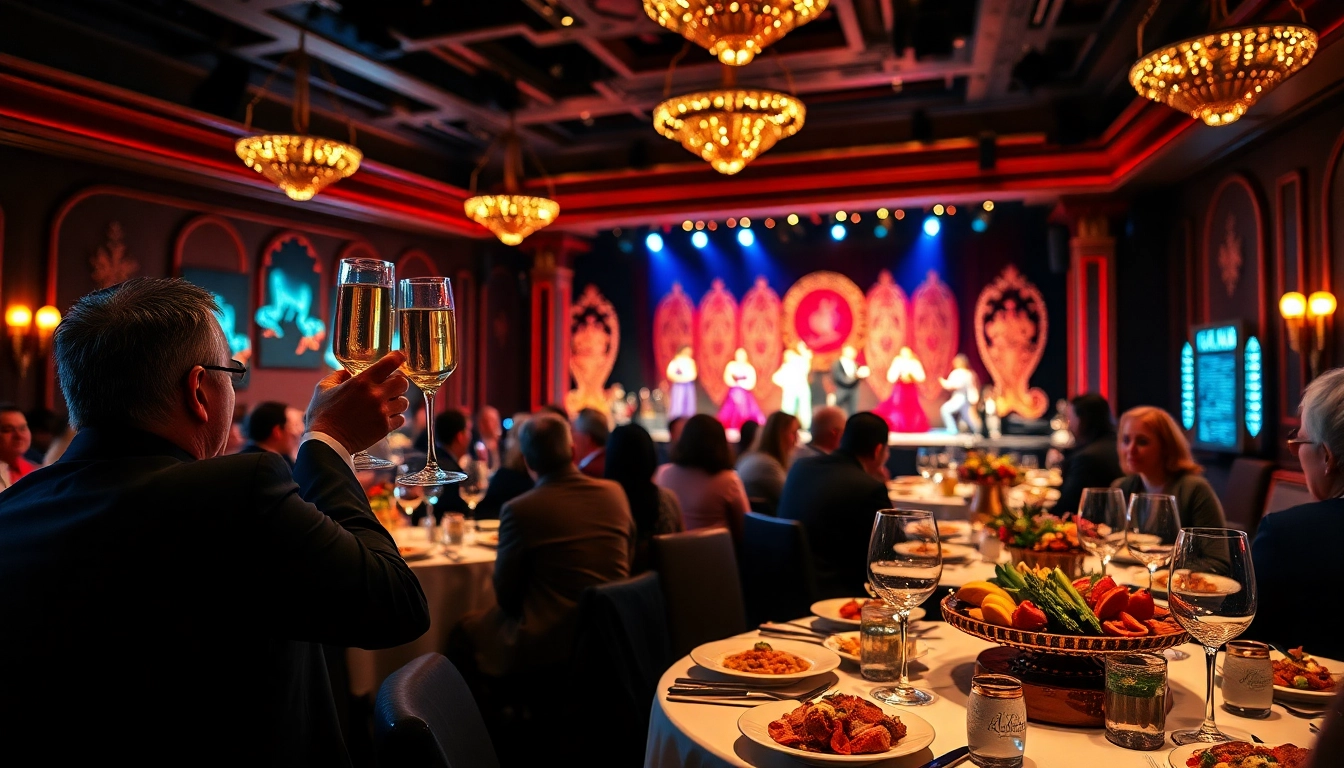 Enjoy a vibrant Las Vegas dinner theater scene with attendees toasting over delightful cuisine.