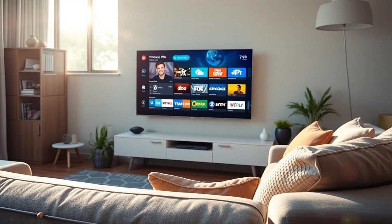 Comprar Listas IPTV en un entorno moderno de entretenimiento con TV y decoración acogedora.