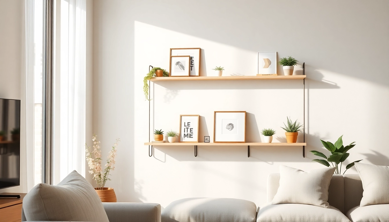 Stylish minimalist wall rack featuring plants and decor in a bright living room setting.
