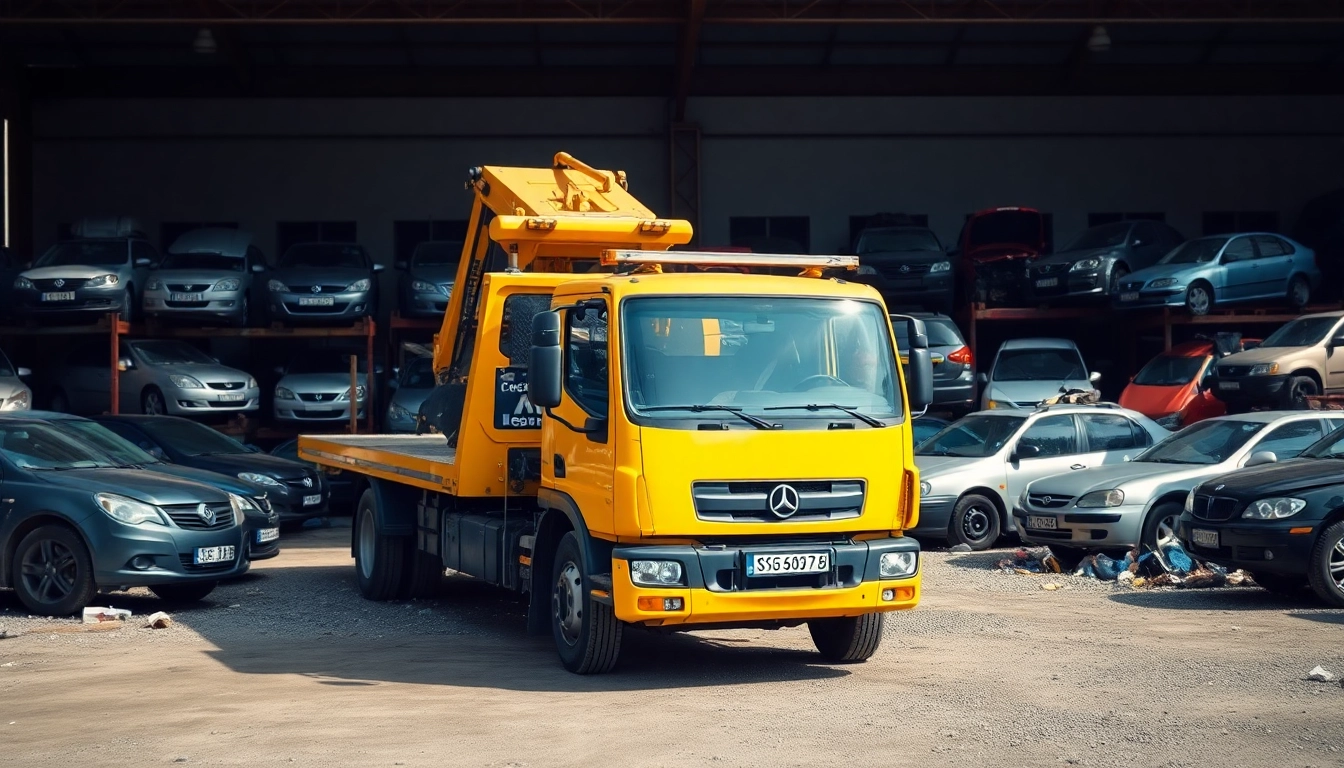 Skup aut na złom Katowice: Tow truck in a well-organized vehicle junkyard in Katowice.