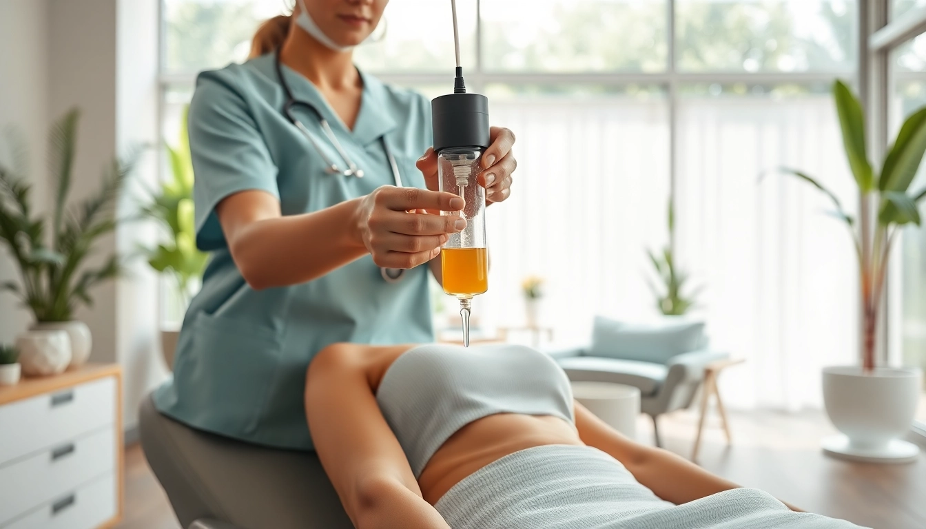 Patient receiving Vitamin Drips treatment in a serene medical spa setting with a caring nurse.