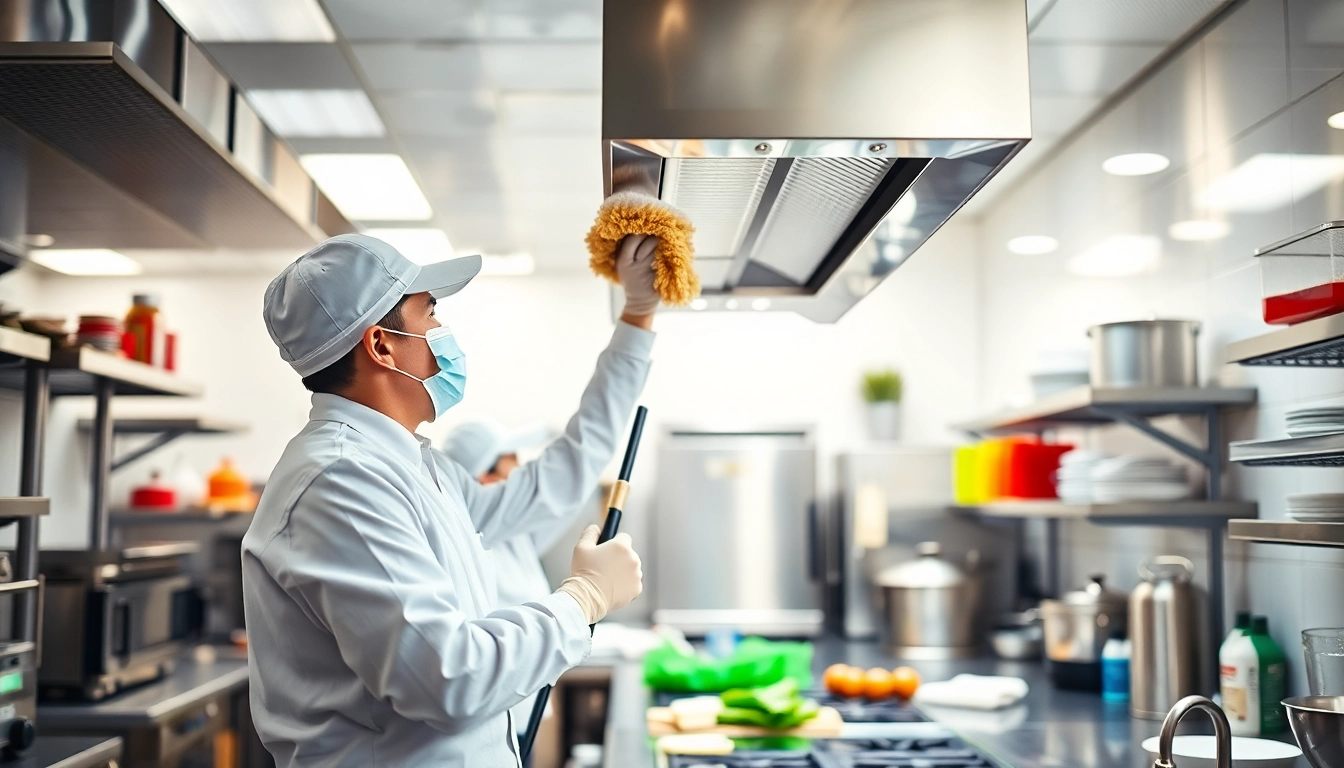 Performing Restaurant Exhaust Hood Cleaning service with professional tools in a bright kitchen.