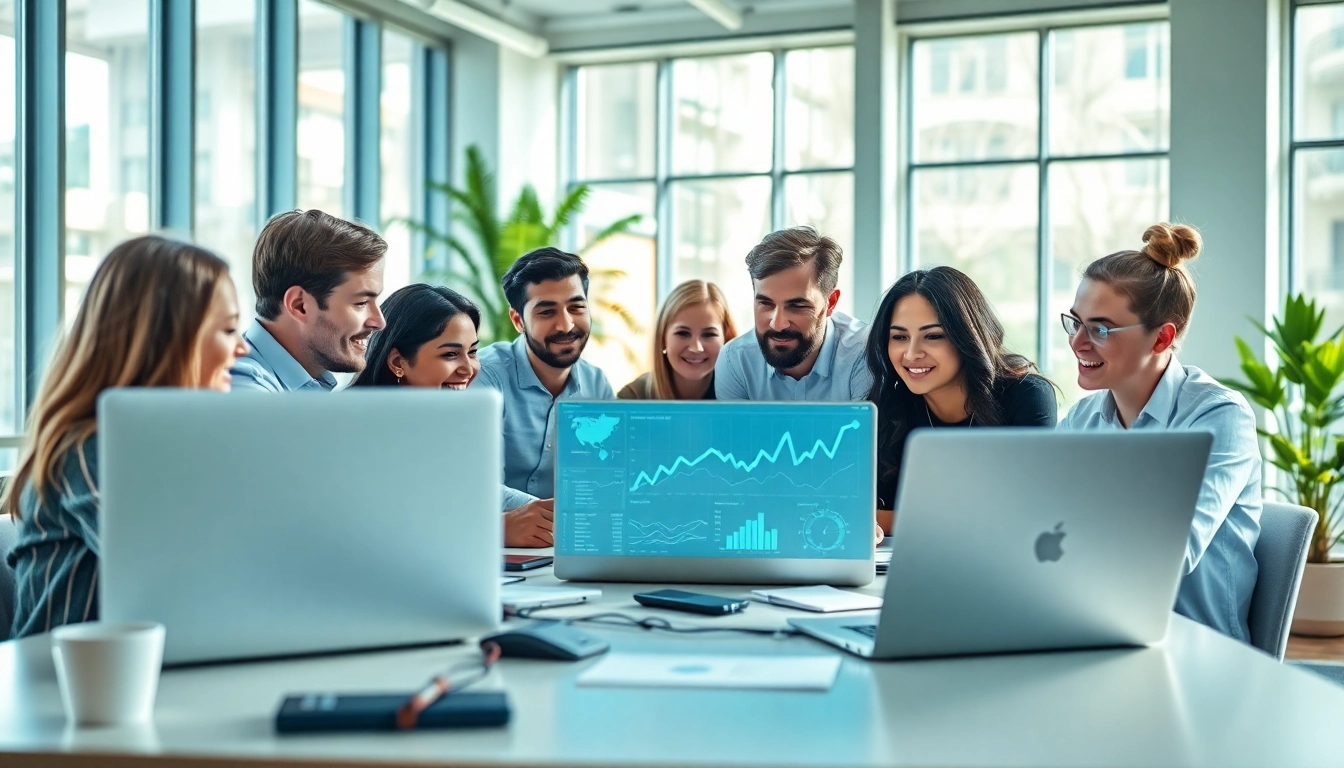 Collaboration among IT companies in a modern office showcasing teamwork and technology.