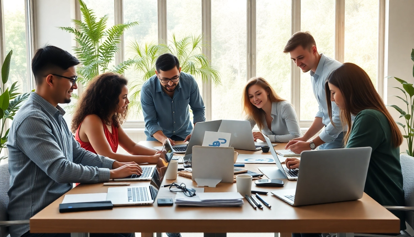 Création site internet pas cher avec des entrepreneurs collaborant sur des ordinateurs dans un espace moderne.